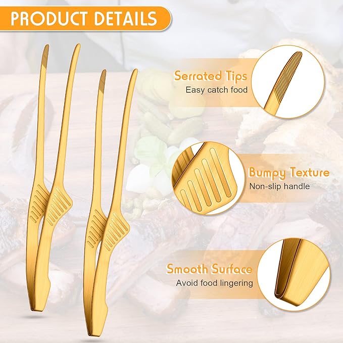 Patelai Korean and Japanese BBQ Tongs Non Slip Cooking Utensils Stainless Steel Tongs for Serving Food, Salad, Camping, Barbecue, Buffet, Oven with Support Stand(Gold,2 Pieces)