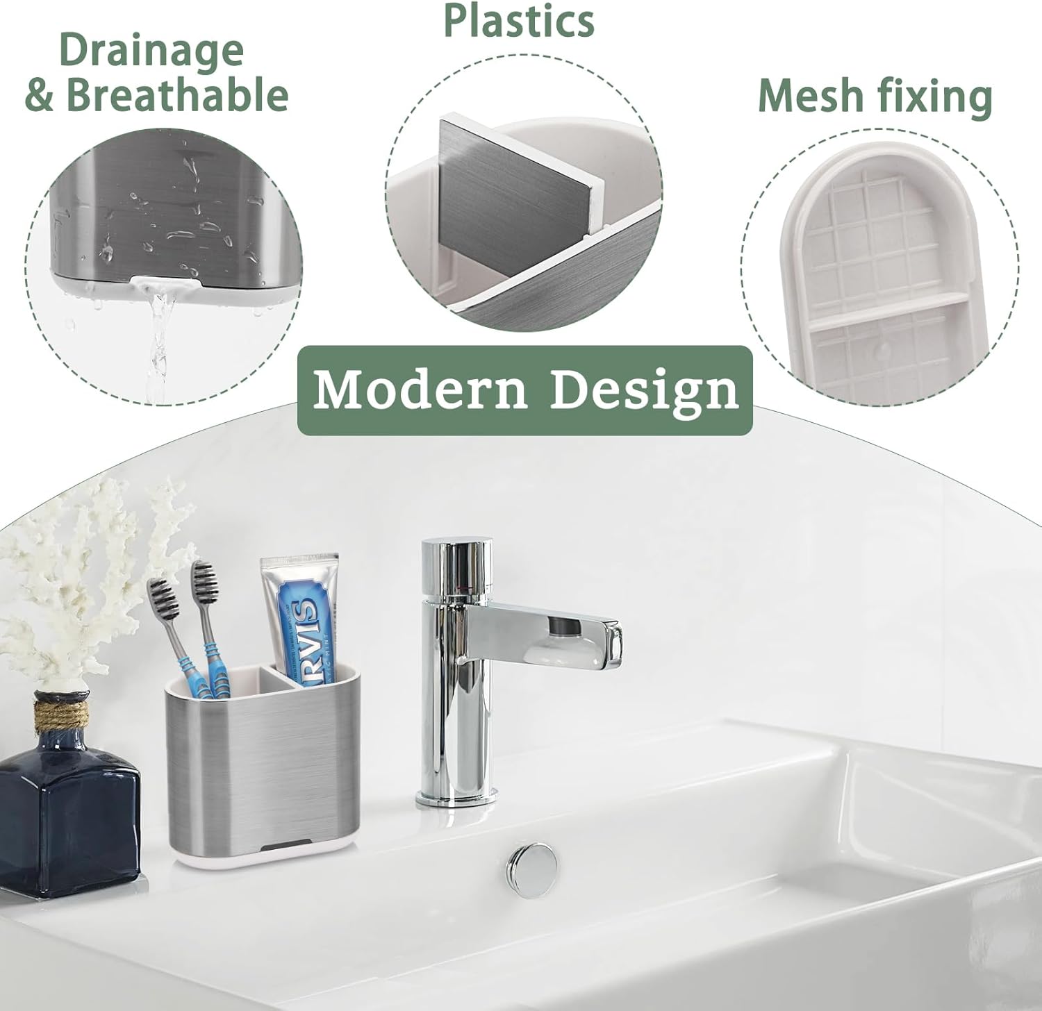 Toothbrush and Toothpaste Holder with Divider for Bathroom Countertop Organizer, 2 Slots Electric Toothbrush Holders Storage Caddy Drainage for Family, Kids (Brushed Silver)-BrightBean Baby