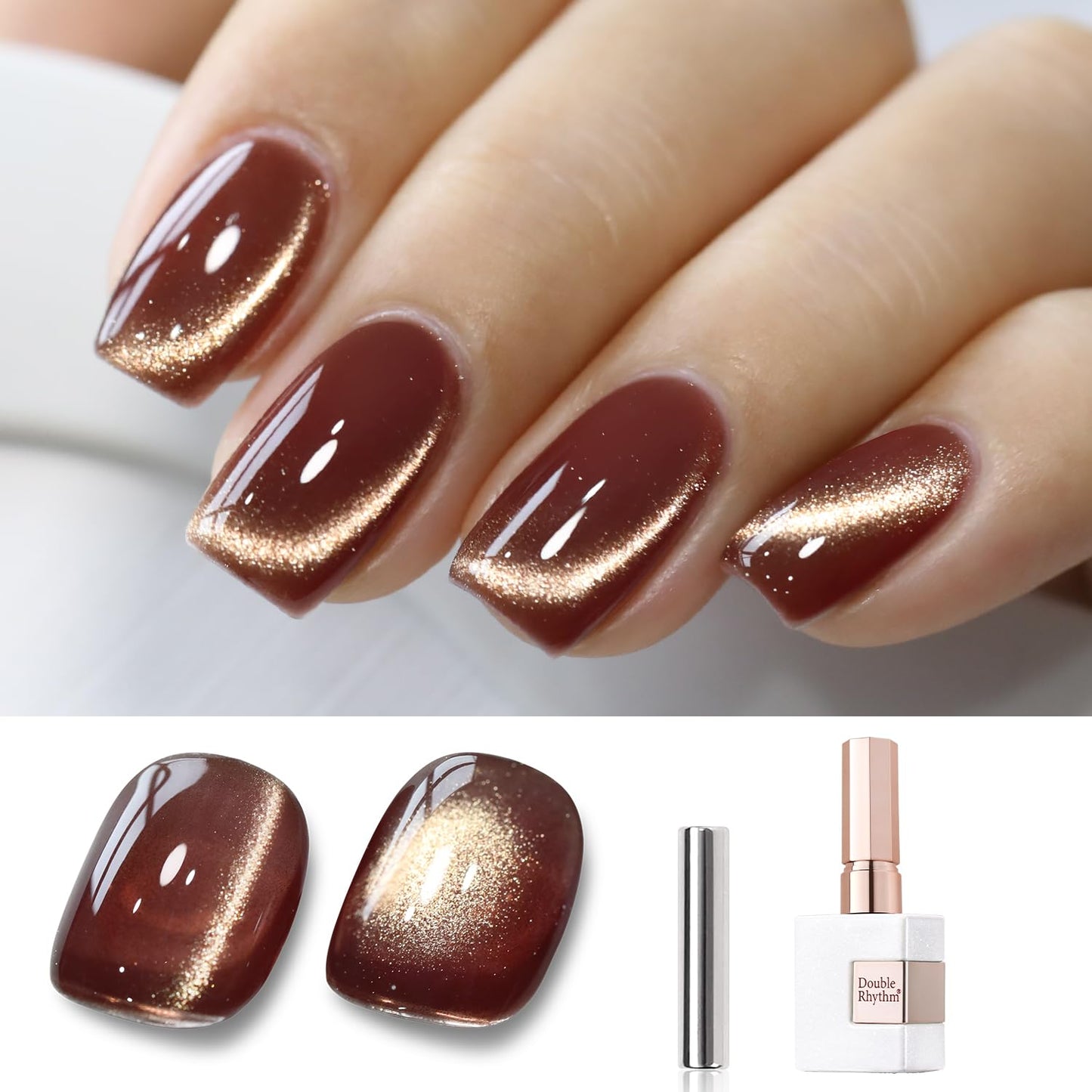 Double Rhythm 15ML Ice Glass Cat Eye Gel Polish with Magnet Holographic Glitter Shimmer Translucent Sheer Color Salon Soak Off Magnetic Nail at Home (Coffee Brown-MC1126)-BrightBean Baby
