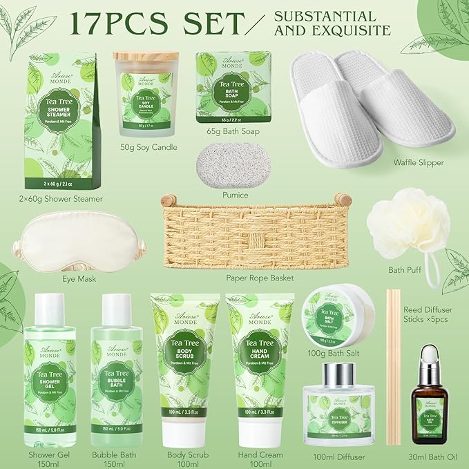 Spa Gift Basket - Tea Tree Bath Set With Shower Gel, Bubble Bath, Hand Cream, Soap, Salt, Essential Oil - Luxury Body Gift Kit for Women-BrightBean Baby