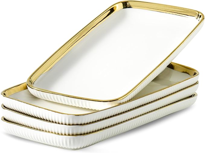 LETAOTAO Serving Platters, Ceramic Serving Platters Set of 4, 12 Inch Rectangular Serving Trays Dishes for Party Entertaining, White Dinner Plates with Gold Trim for Sushi Desserts Appetizers Salad