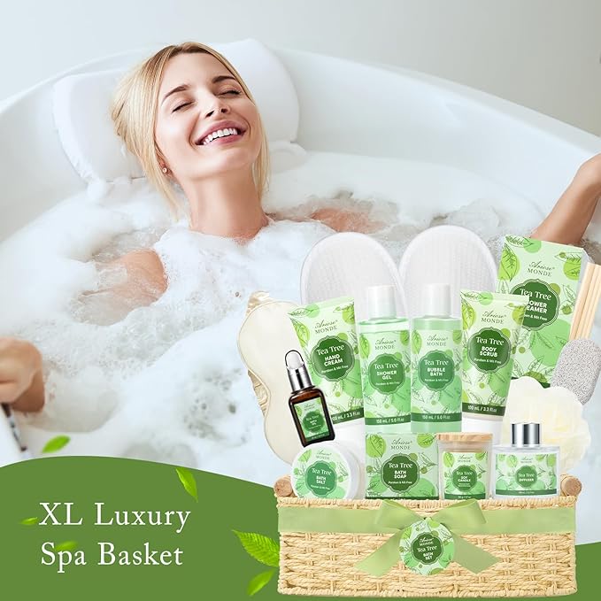 Spa Gift Basket - Tea Tree Bath Set With Shower Gel, Bubble Bath, Hand Cream, Soap, Salt, Essential Oil - Luxury Body Gift Kit for Women-BrightBean Baby