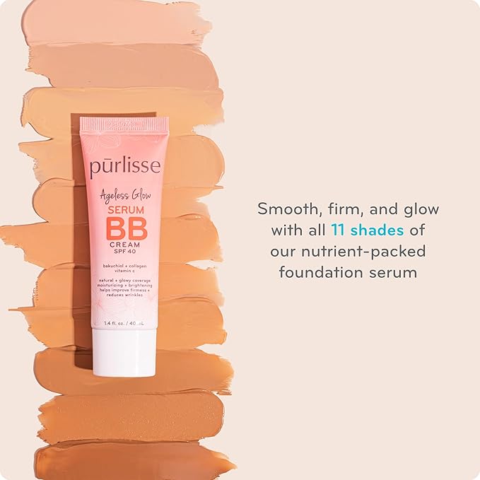 pūrlisse Ageless Glow Serum BB Cream SPF 40 - Glow BB Cream with SPF Enriched with Bakuchiol & Vitamin C to Help Improve Firmness & Reduce Wrinkles for Dewy Skin - Light (1.4 oz)-BrightBean Baby