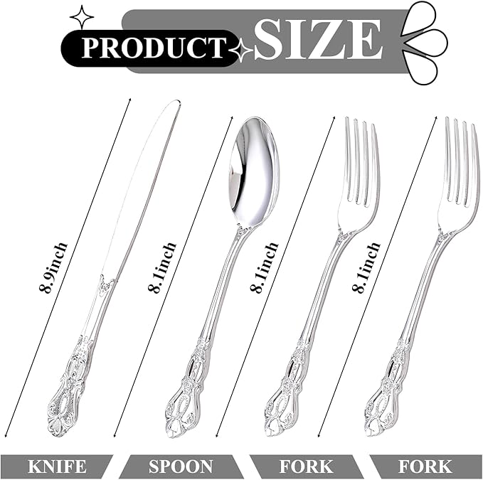 40PSC Silver Plastic Cutlery - Vintage Silver Disposable Silverware - Heavyweight Plastic Utensils with 20 Forks, 10Knives, 10 Spoons For Catering, Parties, Dinners and Weddings