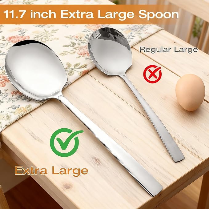 Extra Large Serving Spoons Set 11.7-Inch Serving Slotted Spoon x 3 Serving Spoon x 3, 18/8 Stainless Steel Big Serving Utensil for Buffet, Parties, Catering - Dishwasher Safe(6-Pack, Silver)