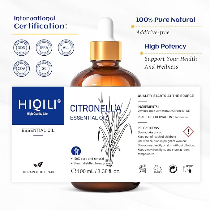 HIQILI 100ML Citronella Oil for Homemade Sprays, Add to Diffuser, 100% Pure and Natural Undiluted 3.38 Fl Oz-BrightBean Baby