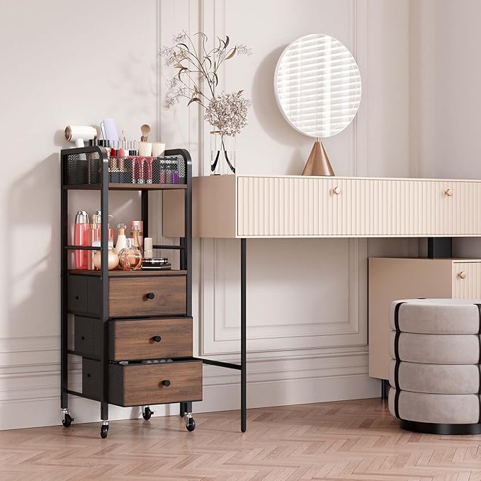 HapiRm Rolling Makeup Cart Organizer - Floor Skincare Make Up Storage with 3 Drawers, Vanity Organizer Cosmetic Display Cases Holder for Skin Care Perfume Nail Polish Brush Hair Tool-BrightBean Baby