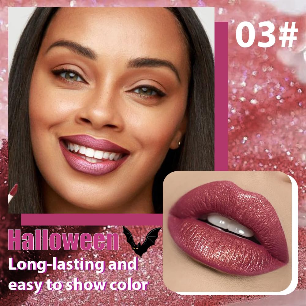 Red Purple Metallic Lipstick for Women,Glitter Sparkling Liquid Lipstick,Long Lasting Waterproof Lightweight Comfortable Non-Drying Bold Dark Lip Gloss for Gothic Stage Makeup,Vegan-BrightBean Baby