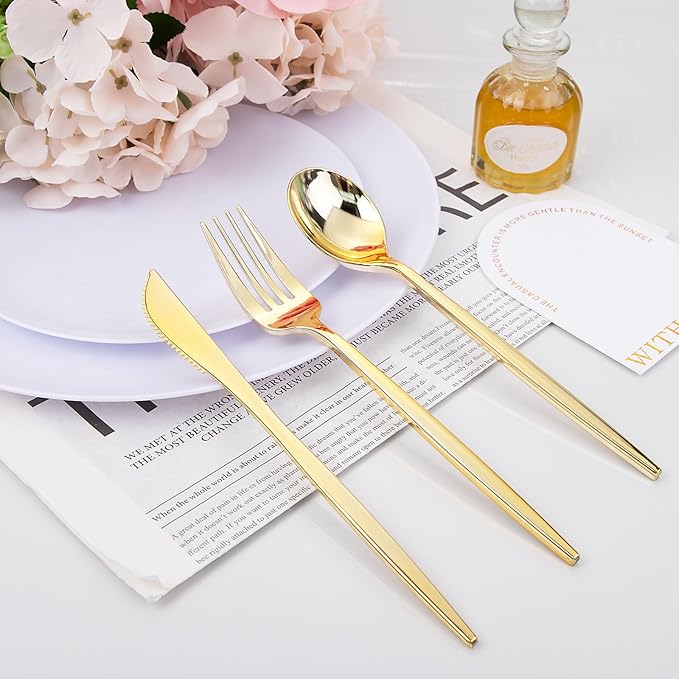 PULOTE 150PCS Gold Plastic Silverware Disposable - Heavy Duty Gold Plastic Cutlery - Gold Plastic Utensils Set Include 50 Knives,50 Forks,50 Spoons for Party&Wedding