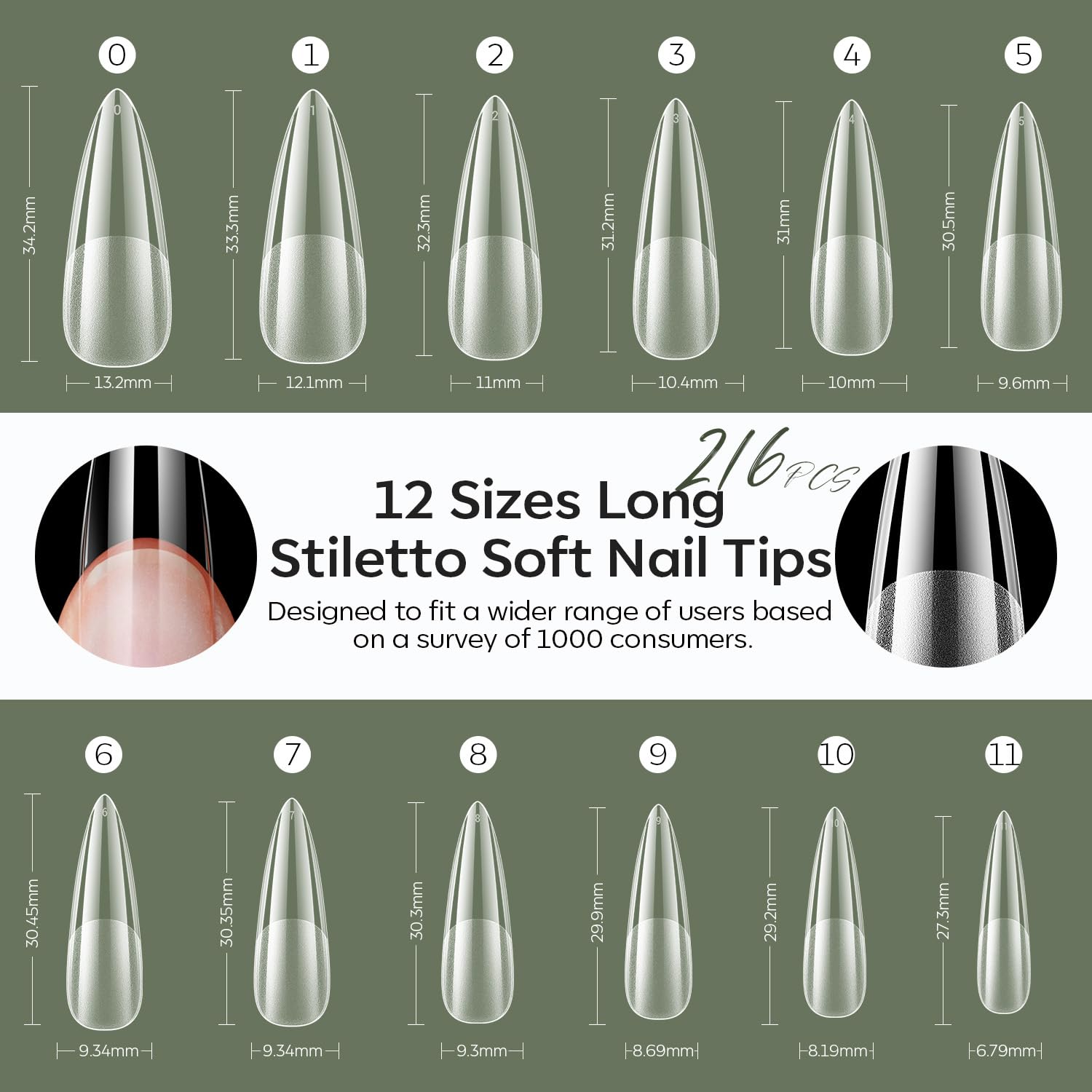 modelones Long Stiletto Nail Tips, Pre-shaped Soft Gel Tips Fake Nails False Acrylic Clear Full Cover Press on Extension Kit Gel Manicure DIY at Home 216PCS 12Sizes-BrightBean Baby