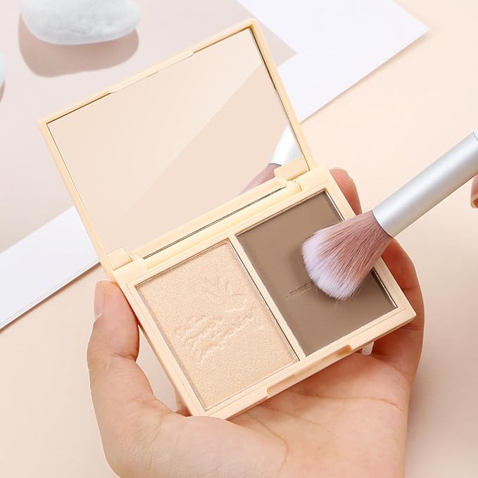 Boobeen Highlighter Contour Makeup Palette Face Matte Bronzer Powder, Compact Contouring Blush for Cheeks, Natural Long Lasting with Brush-BrightBean Baby