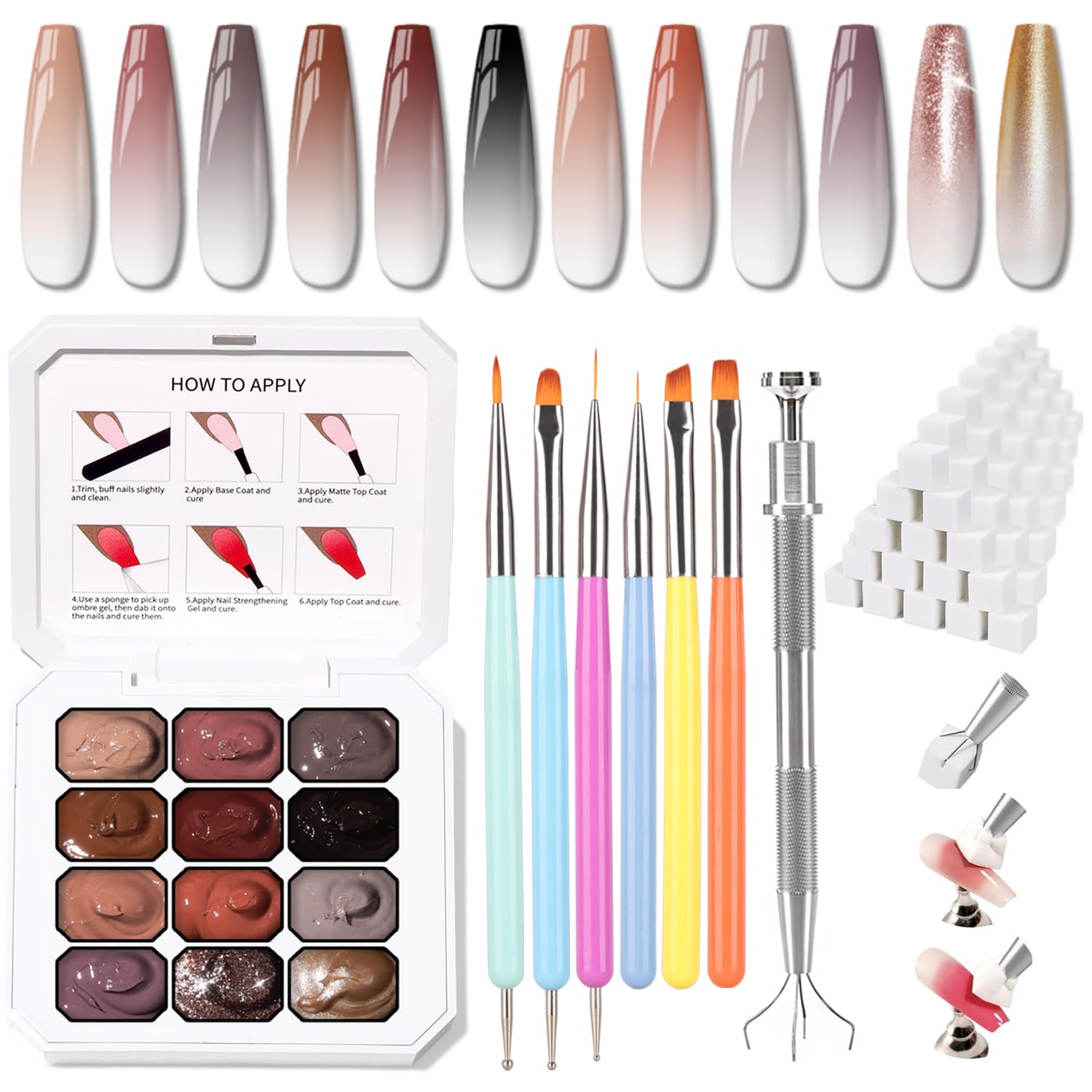 Sponge Pat Paint Nail Gel, Ombre Nails Gradient Gel Nail Blush Blooming Aura Nails Drawing Stripper Floral Painting DIY Nail Art, No Wipe, UV/LED Curing (12 Colors J)-BrightBean Baby