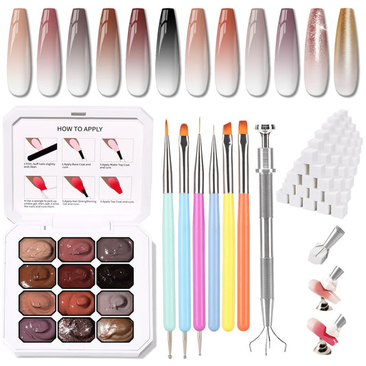 Sponge Pat Paint Nail Gel, Ombre Nails Gradient Gel Nail Blush Blooming Aura Nails Drawing Stripper Floral Painting DIY Nail Art, No Wipe, UV/LED Curing (12 Colors J)-BrightBean Baby