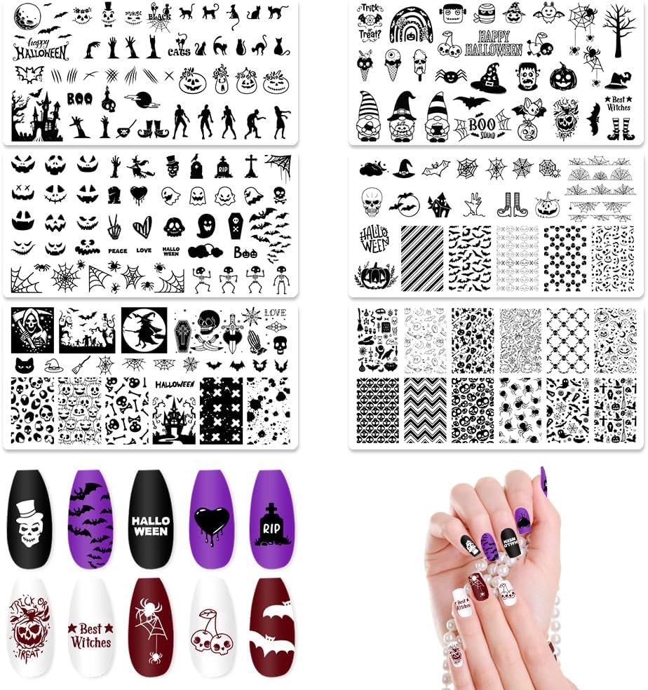 ALIBBON 6 Pcs Halloween Nail Stamping Plates Set, Halloween Background Nail Art Stamp Templates, Pumpkin Face Skeleton Stamp Templates Kit, Spider Web Ghost Metal Nail Plates for DIY Printing Decor-BrightBean Baby