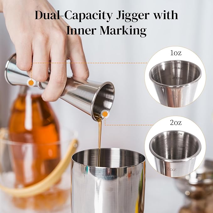 X Home Cocktail Shaker Set, Professional 4-Piece Bartender Kit with Boston Shaker, Hawthorne Strainer, Double Measuring Cocktail Jigger, and 10-inch Mixing Spoon, Bartender's Choice