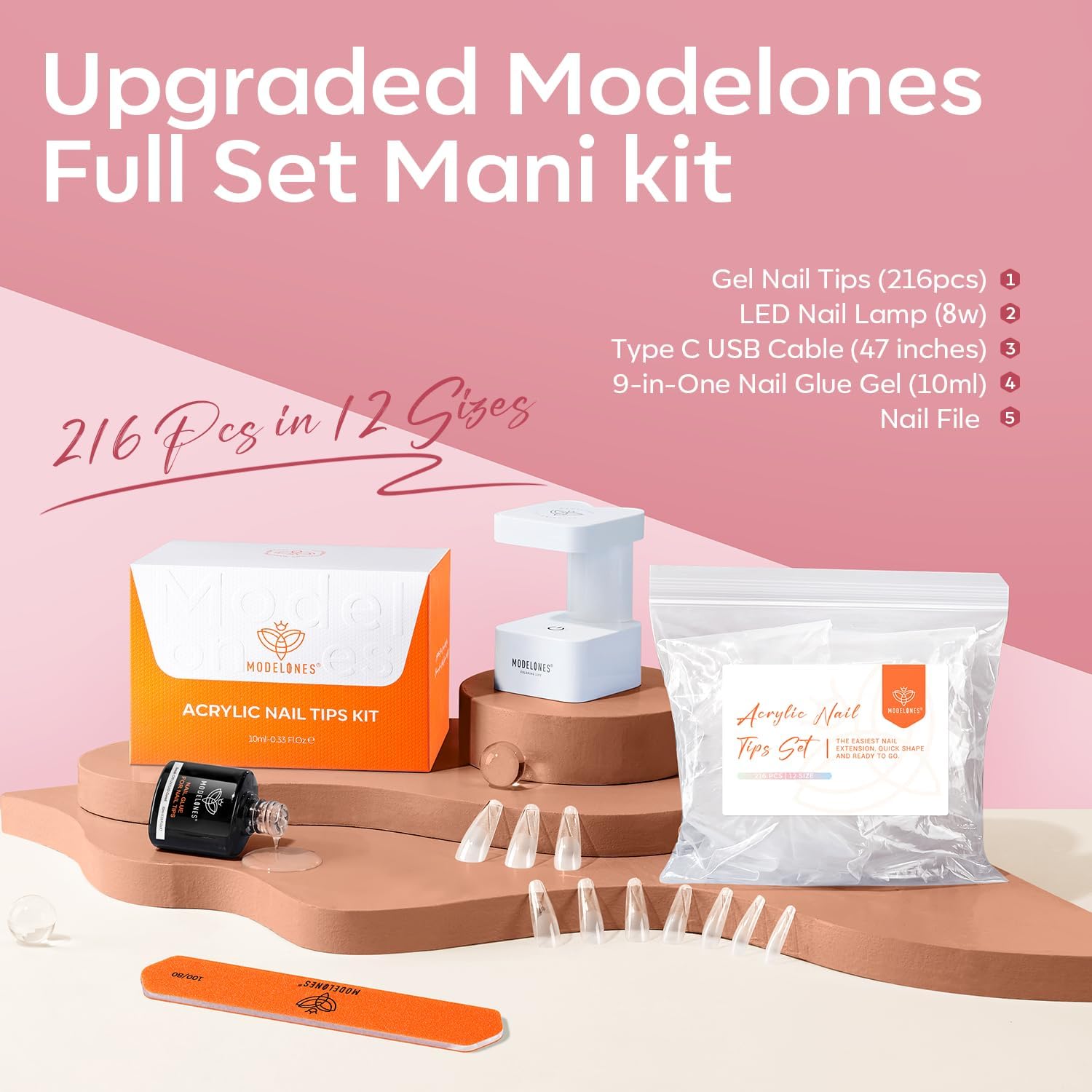 modelones Long Coffin Gel Nail Tips Kit, 9-in-One Nail Glue with Portable U V Lamp 216Pcs 12Sizes Pre-Etched Press ons Fake Acrylic Extension Kit DIY Salon Gift for Women-BrightBean Baby