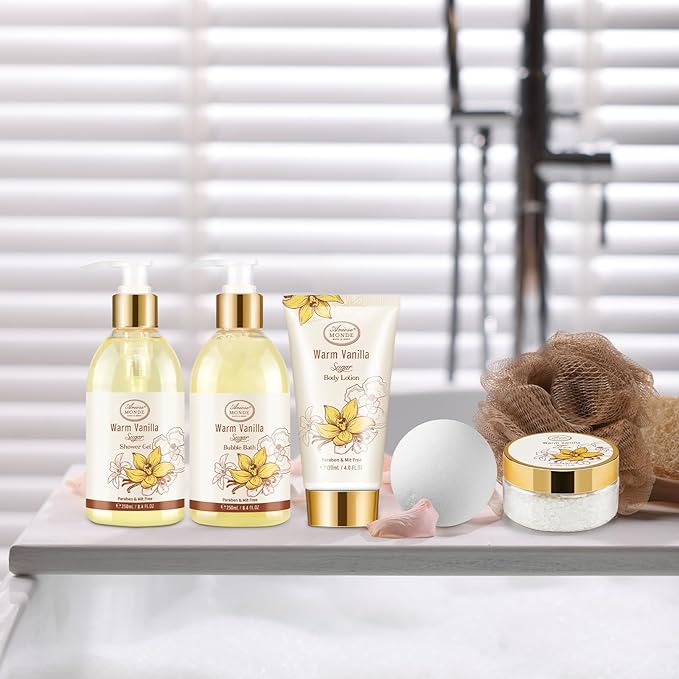 Bath and Body Warm Vanilla Sugar Spa Gifts for Women, with Shower Gel, Bubble Bath, Body Lotion, Bath Bomb, Bath Salt, Spa Basket Gift Set for Women, 7pcs Set Gifts-BrightBean Baby