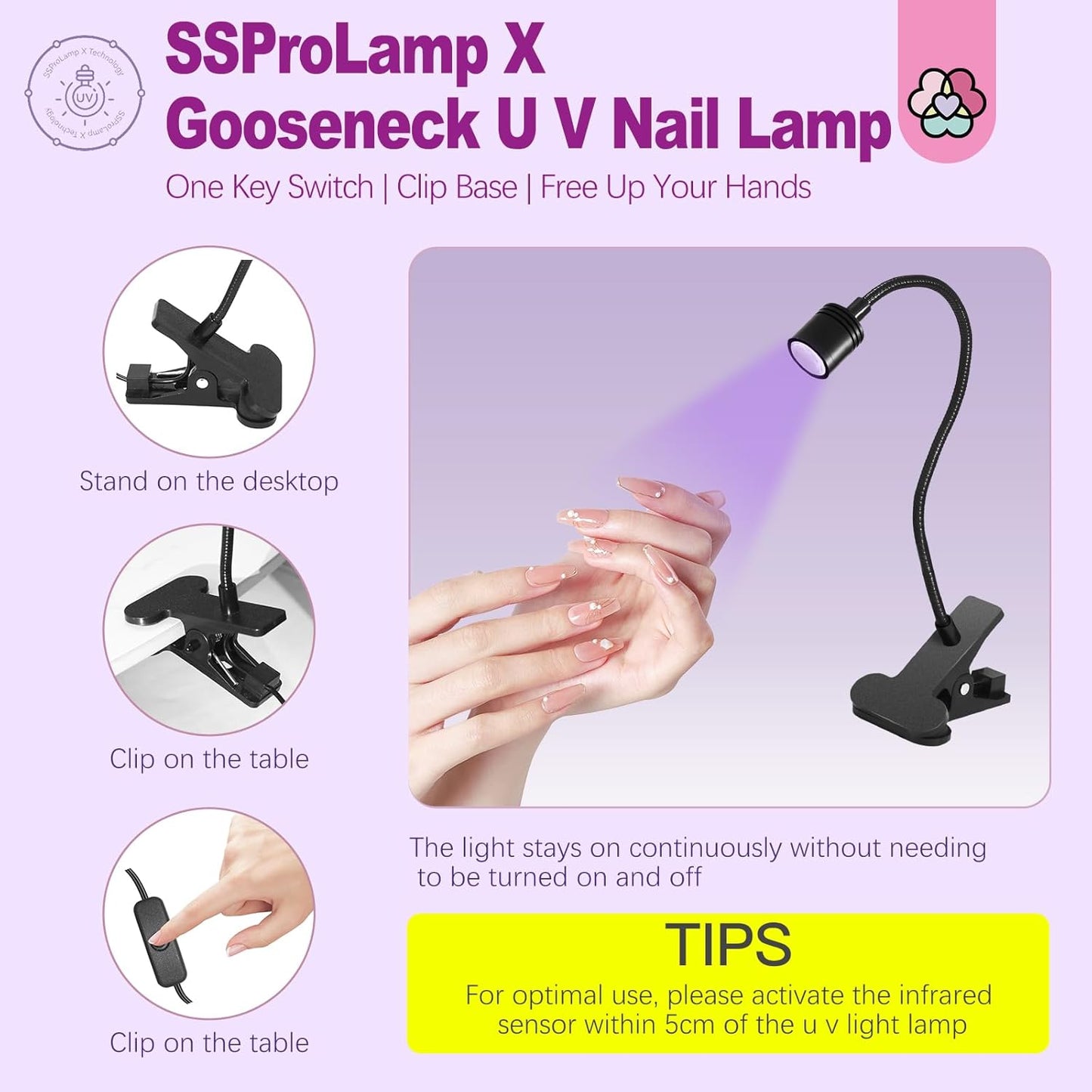 SAVILAND Gooseneck U V Lamp for Gel Nails: 360°Adjustable U V Light for Gel Nails 10S Fast Curing Nail Lamp Hands Free 5W LED Flash Cure Gel Light Gel Nail Portable Salon DIY Nail Tech Manicure-BrightBean Baby