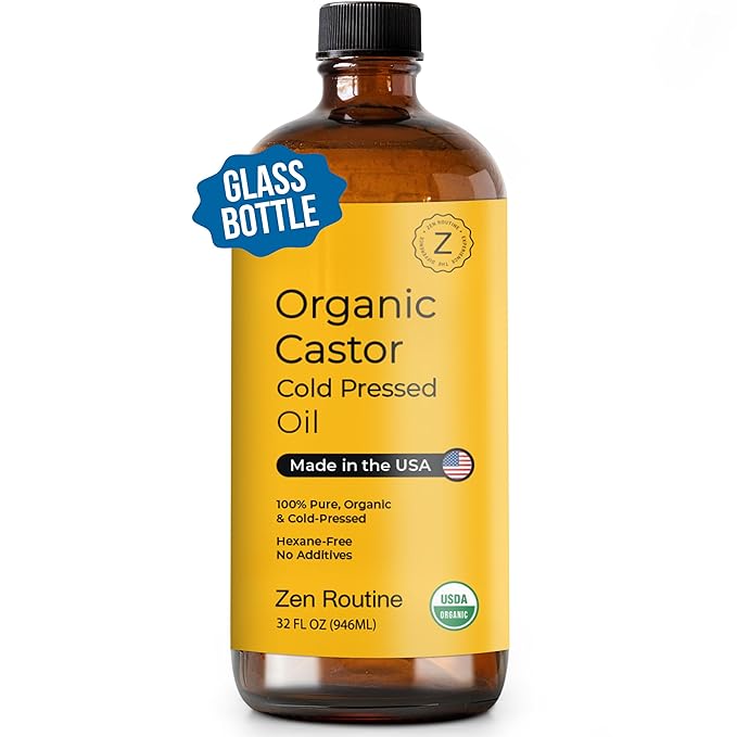 Zen Routine Organic Castor Oil (BIG Glass Bottle - 32oz) Hexane Free – Hair Growth Oil, Eye Lashes & Stomach – Pure 100% Cold Pressed Unrefined Oil for Castor Pack – USDA Certified, Made in the USA-BrightBean Baby