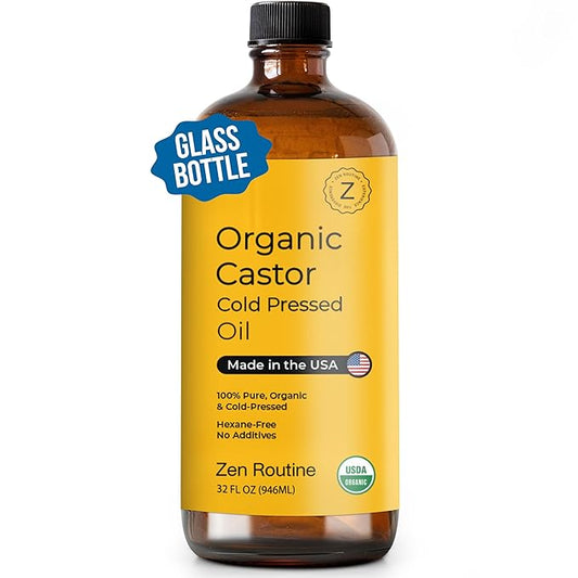 Zen Routine Organic Castor Oil (BIG Glass Bottle - 32oz) Hexane Free – Hair Growth Oil, Eye Lashes & Stomach – Pure 100% Cold Pressed Unrefined Oil for Castor Pack – USDA Certified, Made in the USA-BrightBean Baby