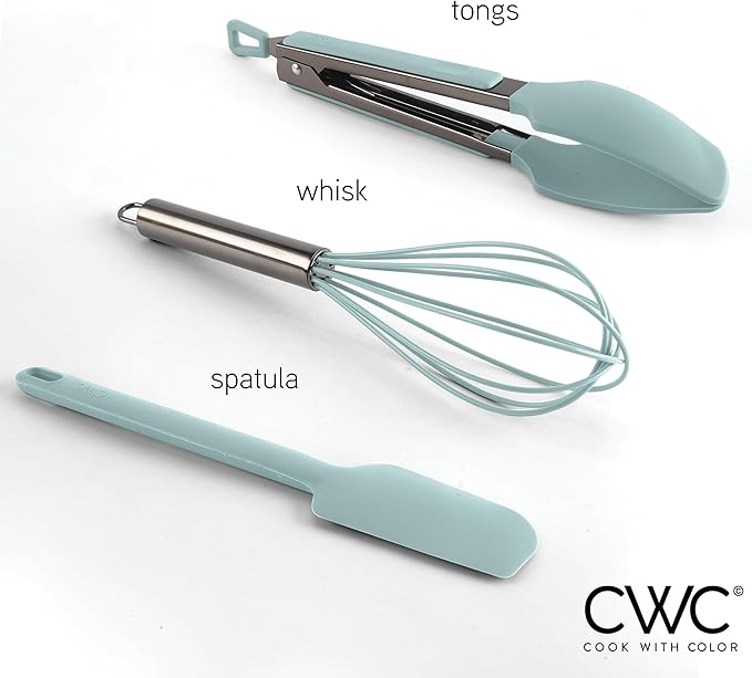 COOK WITH COLOR Stainless Steel Silicone Tipped Kitchen & BBQ Tongs Set, 3 Pc Utensils, Green
