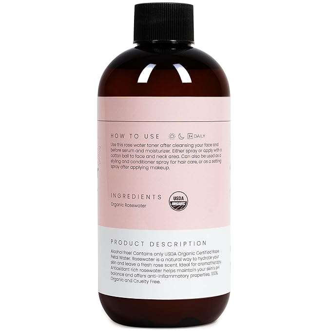 Rose Water Spray for Face & Hair (Refill) - Organic USDA Certified Rosewater Facial Toner - Alcohol-Free Makeup Setting Hydrating Face Mist - Anti-Aging Toner Spray - 8 Fl Oz-BrightBean Baby