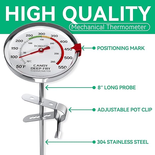 BOMATA 2-Pack Waterproof IP67 Candy Thermometers with Pot Clip, Deep Fry Oil Thermometer with Upgraded 2.5in Large Display for Cooking, Food, Turkey, BBQ, Grill... Mth400
