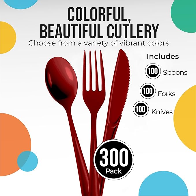 Party Solids Burgundy Plastic Silverware Heavy Duty 300 Pieces Burgundy Plastic Cutlery Sets, Utensil Sets, 100 Of Each Forks, Knives & Spoons Disposable Cutlery Set, Flatware Set For Party Supplies