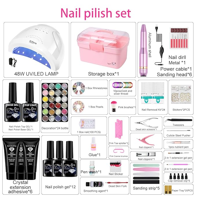 Gel Nail Polish Kit for Women with 6 Colors Extension Poly Nail Gel set, 48W UV Lamp, 12pcs nail polish set with Base Coat and Top coat,Professional Manicure Tool for Home DIY Salon-BrightBean Baby