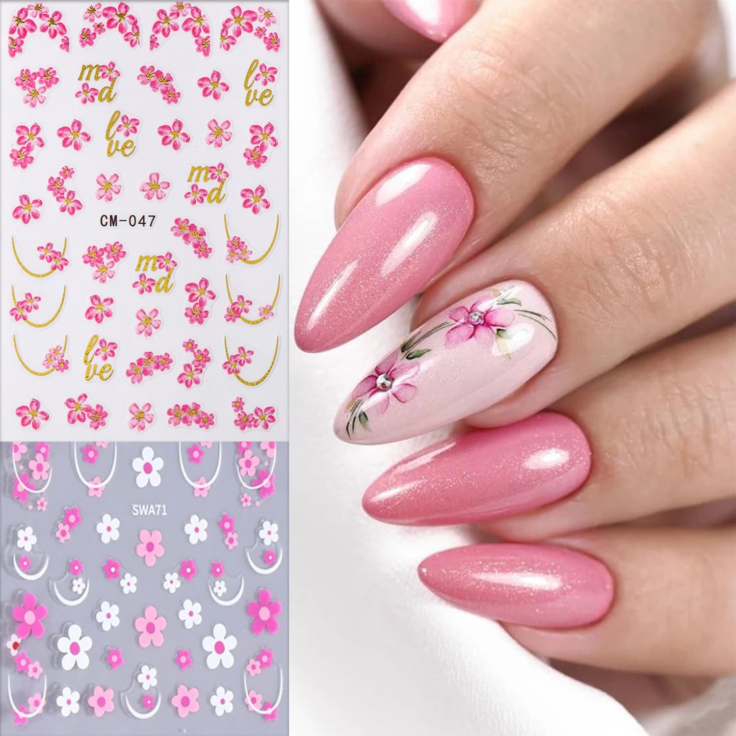 8 Sheets Flower Nail Art Sticker 3D Self-Adhesive Nails Stickers Floral Butterfly Nail Art Decals Holographic Blossom Decal for Women Hot Stamping French Manicure Stickers DIY Nail Supplies-BrightBean Baby