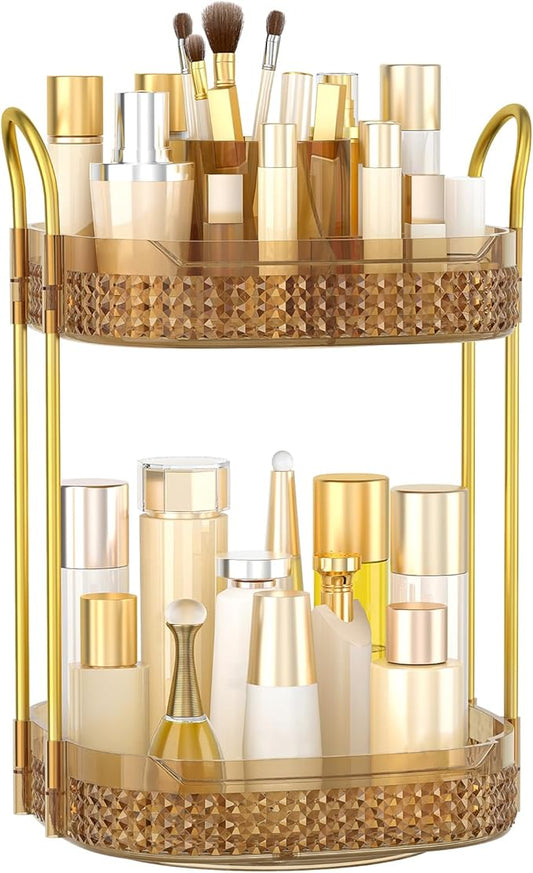 360° Rotating Makeup Organizer 2 Tier, Large Skincare Clear Make Up Storage Spinning Perfume Organizers for Bathroom Counter Dresser, Pink-BrightBean Baby
