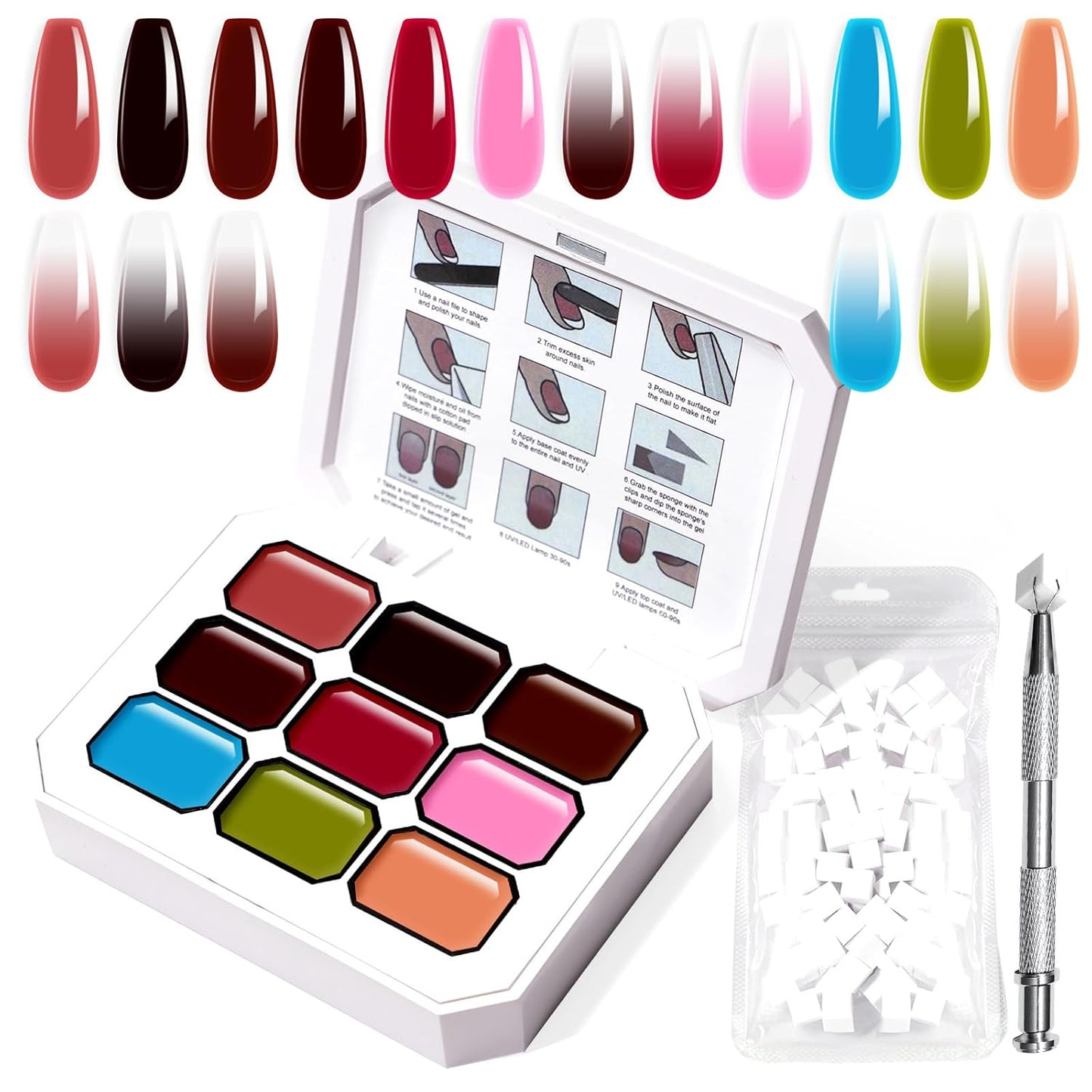 Gradient Painting Gel Set, 9 Colors Ombre Gel Nail Polish Red Brown Light Blue Pink Sponging for Pigment Pat Aura Nails French Manicure Soak Off UV Canyon Bloom-BrightBean Baby