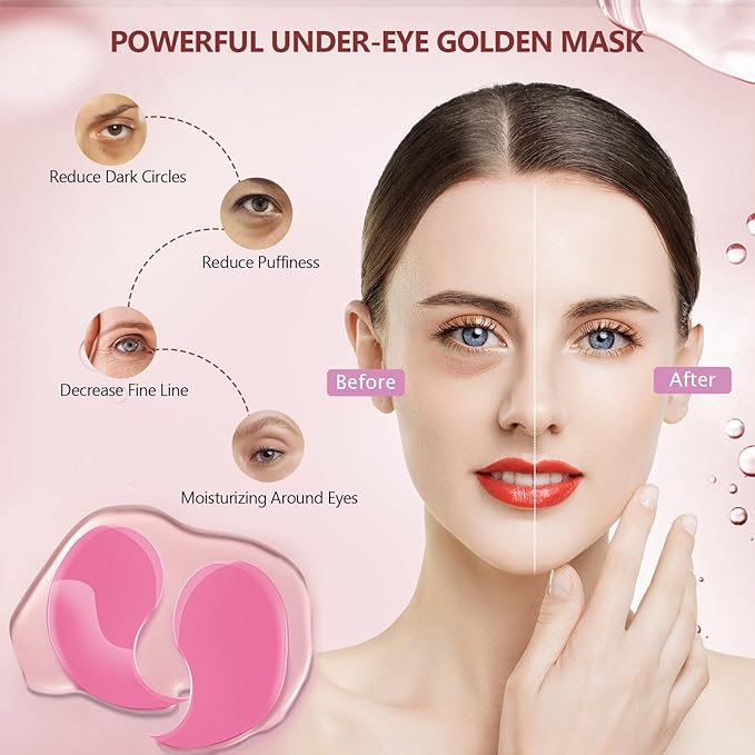60 Pcs Pink Under Eye Patches with 5 Pieces Travel 24K Gold Eye Mask, 30 Pairs Undereye Mask for Dark Circles Puffy Eye Treatment, Collagen Gel Pads Hydrating for Eye Bag Puffiness Wrinkle-BrightBean Baby