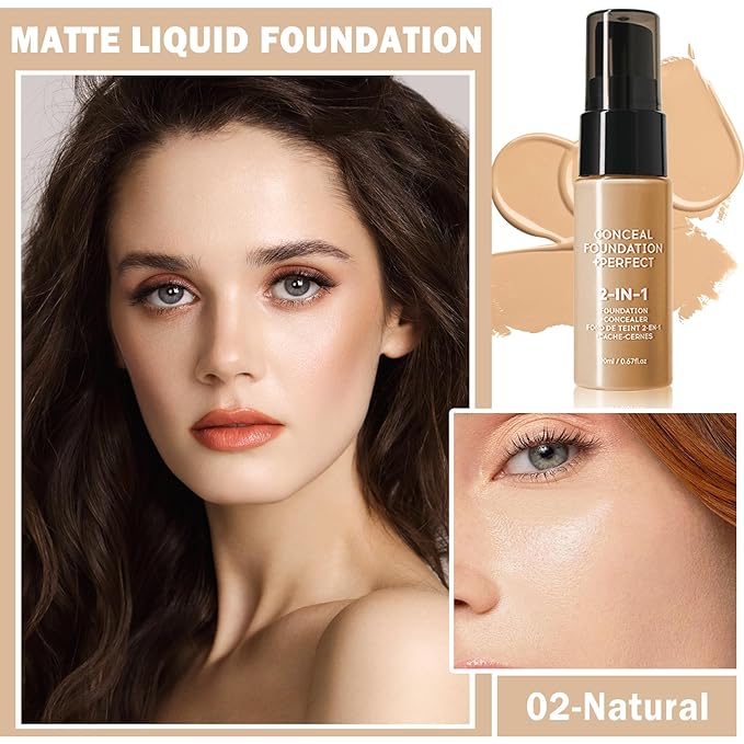 Concealer Full Coverage Foundation for Mature Skin,Oil Control Matte 2 in 1 Concealer liquid Foundation Makeup Waterproof Base De Maquillaje Alta Cobertura-02 Natural-BrightBean Baby