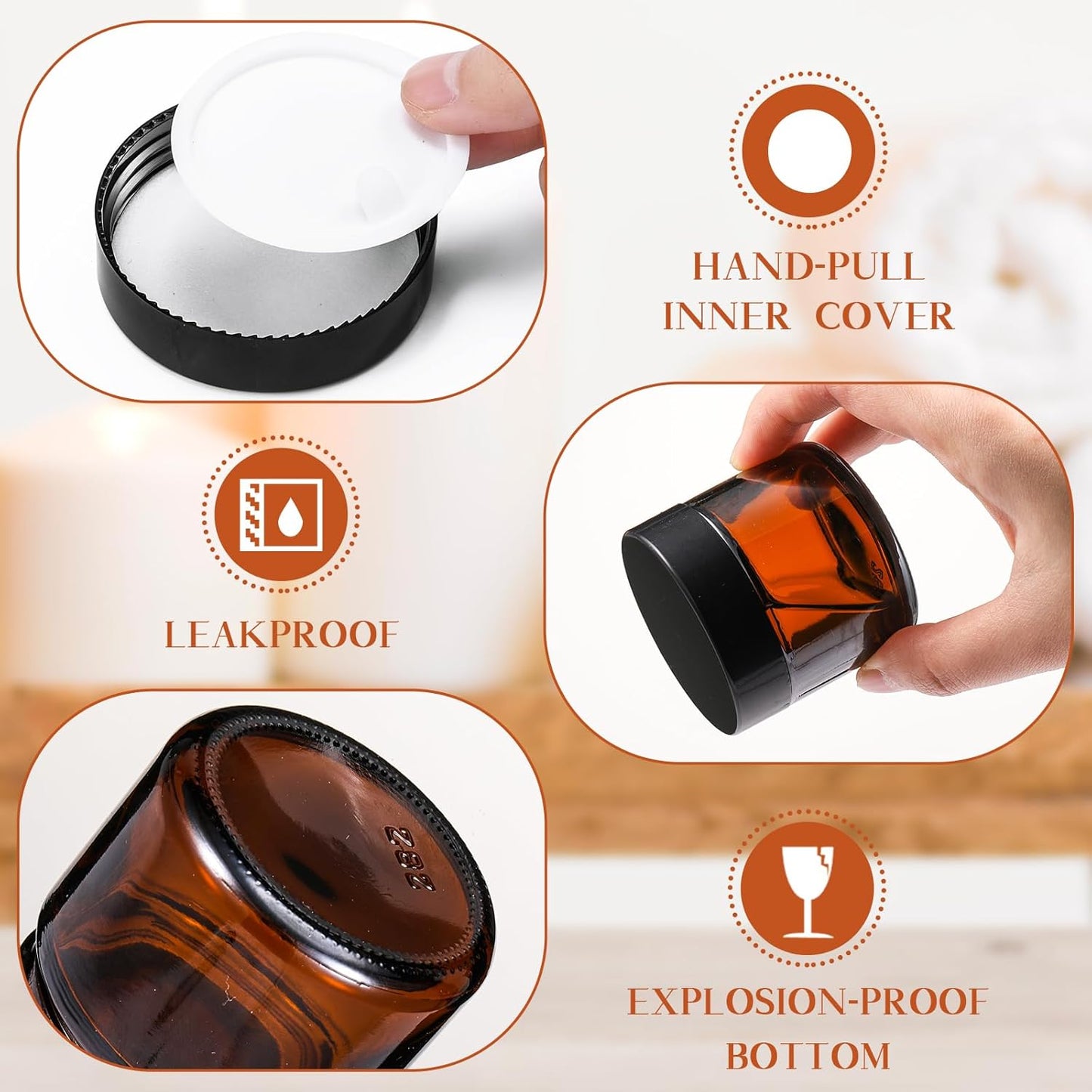 Domensi 48 Pcs 2 oz Glass Jars with Lids Travel Size Round Leakproof Empty Cosmetic Jars with Inner Liners Lid for Storing Makeup Lotions Face Cream Ointments Candle DIY Making (Amber)-BrightBean Baby