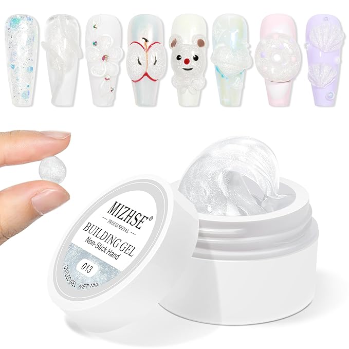 MIZHSE Solid Builder Gel, Aurora White Non-Sticky Hand Sculpting Gel for Nails, Mermaid Pearl 3D Nail Art Building Carving Modeling Hard Extension Soak Off U V LED Manicure Salon Home DIY 15g-BrightBean Baby
