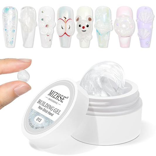 MIZHSE Solid Builder Gel, Aurora White Non-Sticky Hand Sculpting Gel for Nails, Mermaid Pearl 3D Nail Art Building Carving Modeling Hard Extension Soak Off U V LED Manicure Salon Home DIY 15g-BrightBean Baby