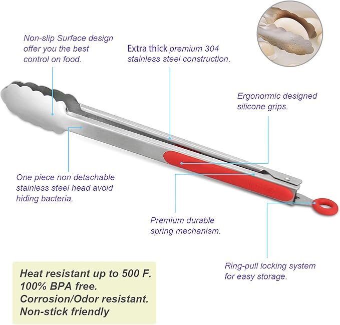 304 Stainless Steel Kitchen Cooking Tongs, 9" and 12" Set of 4 Sturdy Grilling Barbeque Brushed Locking Food Tongs with Ergonomic Grip, Red