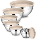 LIANYU Mixing Bowls with Airtight Lids Set, 6 Piece Stainless Steel Metal Kitchen Nesting Bowl, Size 7, 3.5, 2.5, 2, 1.5, 1QT for Prepping, Baking & Food Storage, Dishwasher & Freezer Safe, Khaki