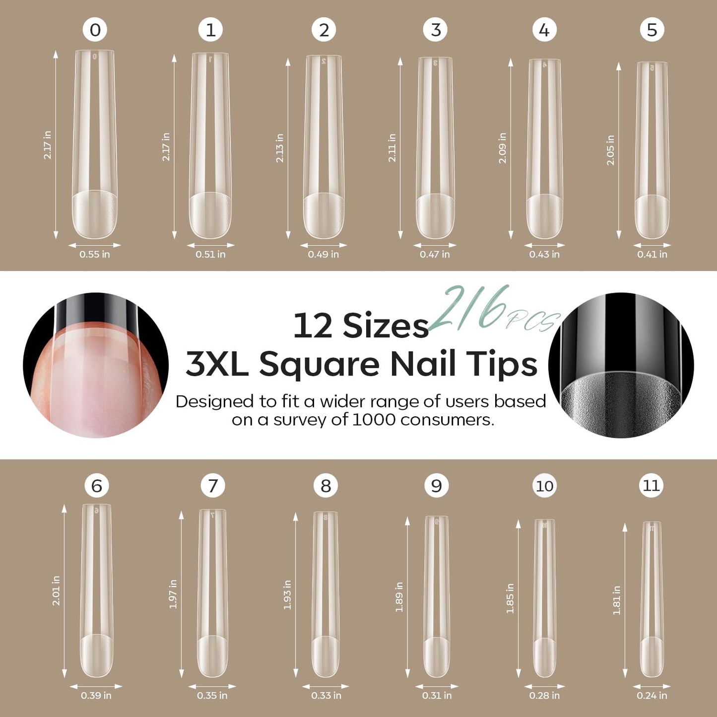 modelones Long Square Nail Tips, 3XXXL Straight Pre-shaped Soft Gel Tips Fake Nails False Acrylic Clear Full Cover Press on Extension Kit Gel Manicure DIY at Home 216PCS 12Sizes-BrightBean Baby