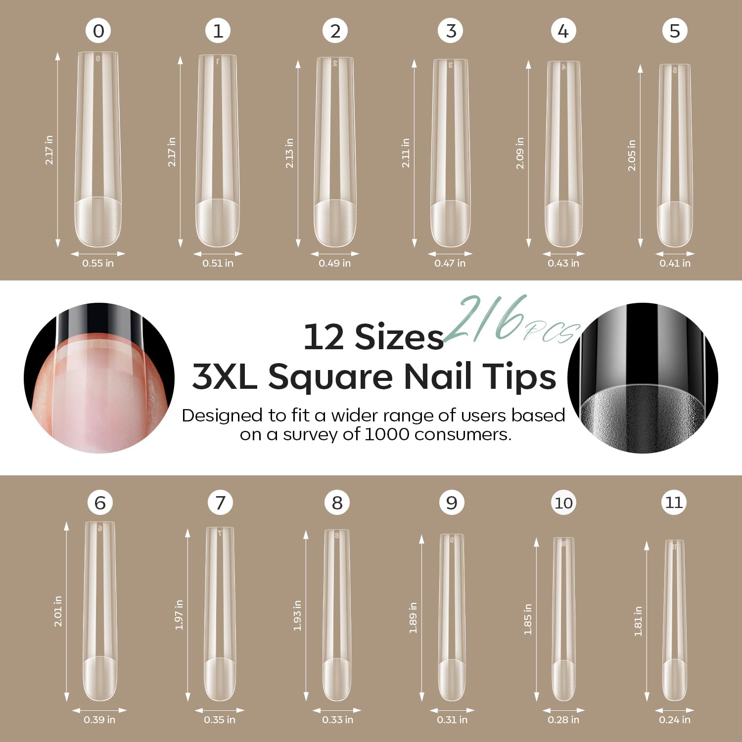 modelones Long Square Nail Tips, 3XXXL Straight Pre-shaped Soft Gel Tips Fake Nails False Acrylic Clear Full Cover Press on Extension Kit Gel Manicure DIY at Home 216PCS 12Sizes-BrightBean Baby