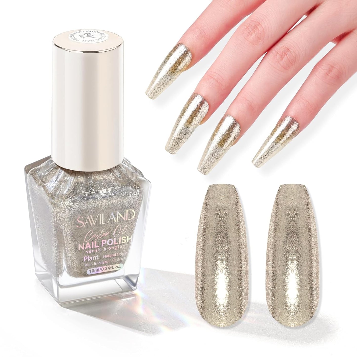 SAVILAND Color Artistry Champagne Gold Nail Polish - 7 Days Shimmer Holographic Metallic Glitter Fingernail Polish Sparkle Shiny Nail Lacquer for Toe Salon Manicure DIY Nail Art Home-BrightBean Baby