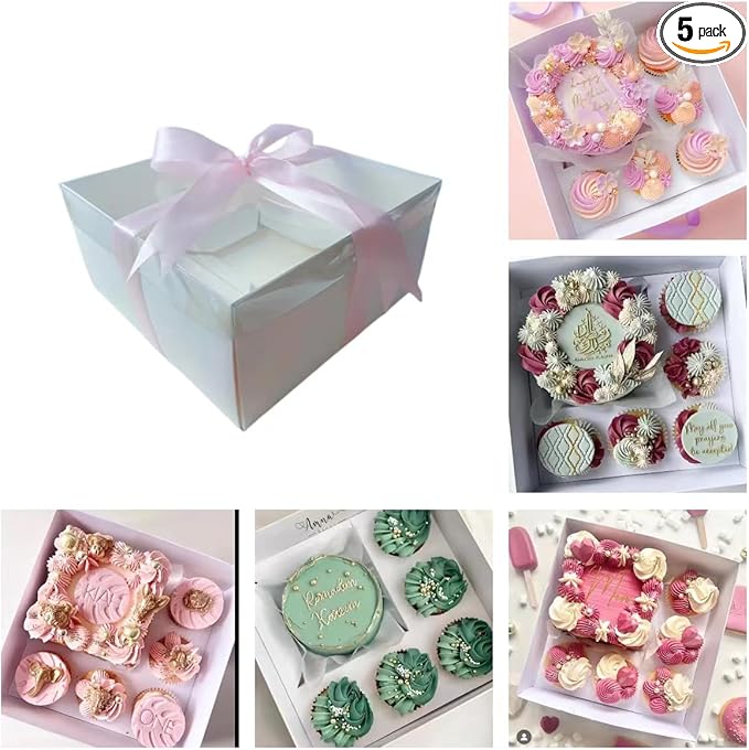 Bento Cake and Cupcake Box 2-in-1 4-inch Cake and 5 Cupcakes Box 5 Sets with One Wide Roll of Ribbon for Family Dinner Birthday Party Picnic Gift (faskdfh)