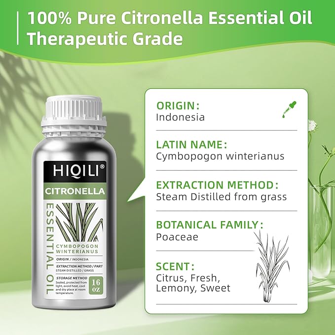 HIQILI 16 Fl Oz Citronella Oil for Homemade Sprays, Add to Diffuser, 100% Pure and Natural Undiluted-BrightBean Baby