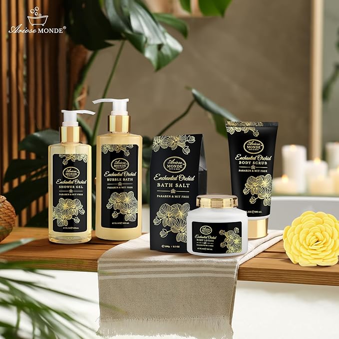 Spa Gift Baskets for Women, Gift Set for Mom Enchanted Orchid Scent, Home Spa Kit with Bubble Bath, Body Lotion, Bath Bomb, Bath Salt, Bath Gift Baskets, Birthday Gifts for Women-BrightBean Baby