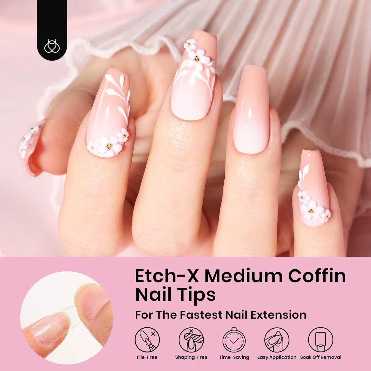 Beetles Gel Nail Tips Medium Coffin 576PCS Etch X Nail Tips, 12 Sizes Pre Shaped Half Matte Press On Nails Full Cover False Nails Acrylic Nails Glue on Nails Extensions Set for Women Home DIY-BrightBean Baby