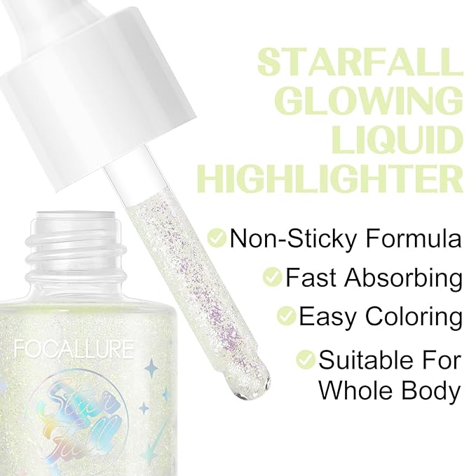 FOCALLURE Starfall Glowing Liquid Highlighter, Shimmering Body Oil, Non-Sticky Shimmer Liquid Luminizer, Non-Greasy, Face & Body Glitter Makeup for Costumes, Cosplay, Rave Festival, FIRELY FOREST-BrightBean Baby