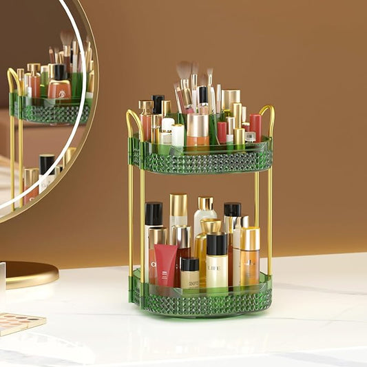 Awenia Rotating Makeup Organizer 360, Stackable Adjustable Large Capacity Cosmetic Storage Unit,Dresser Bathroom Kitchen Countertop Organizer with Metal Handle, Plus Size (Gem Green, 2 Tier)-BrightBean Baby