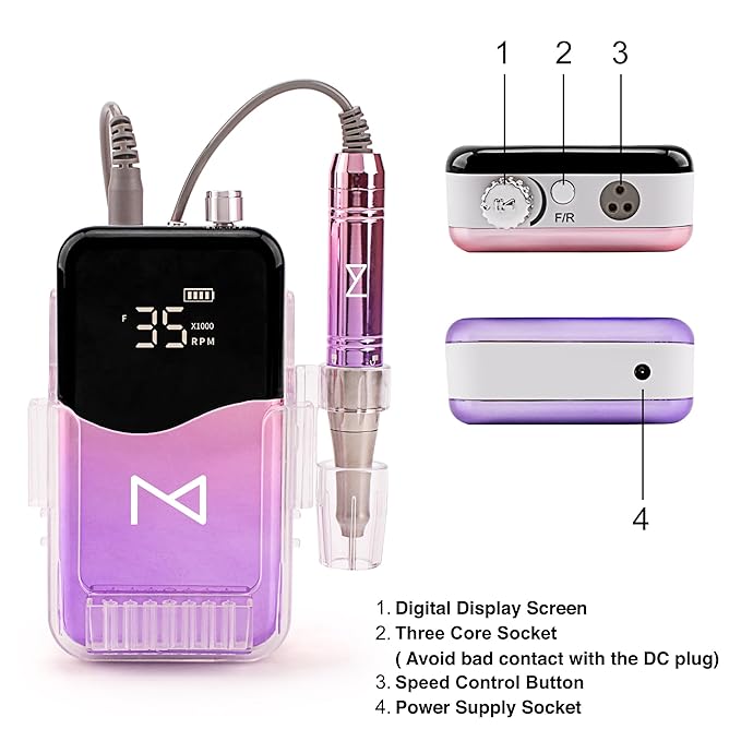 M Mase- Professional Nail Drill Machine - Coreless 2-in-1 Nail File - Electric, Cordless, 35000 RPM, HD Display - Electric Nail Drill for Professional & Home Use (Pink Gold)-BrightBean Baby