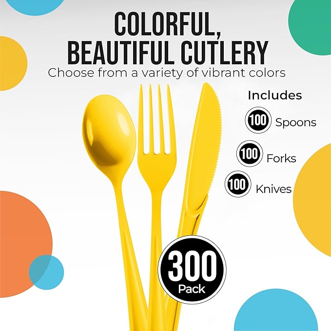 Party Solids Yellow Plastic Silverware Heavy Duty 300 Pieces Yellow Plastic Cutlery Sets, Utensil Sets, 100 Of Each Forks, Knives & Spoons Disposable Cutlery Set, Flatware Set For Party Supplies